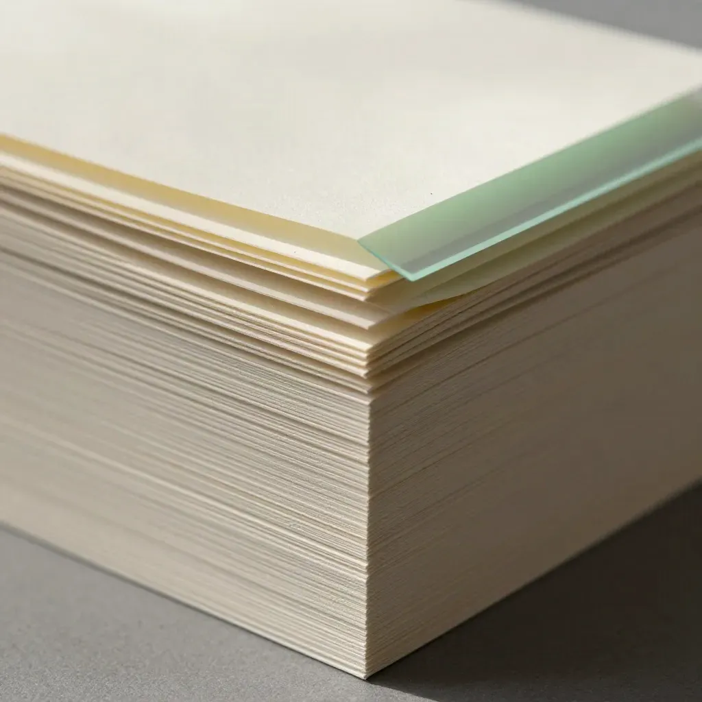 Layered cream card sleeves with acetate overlay on matte plaster, lit with soft rim light.
