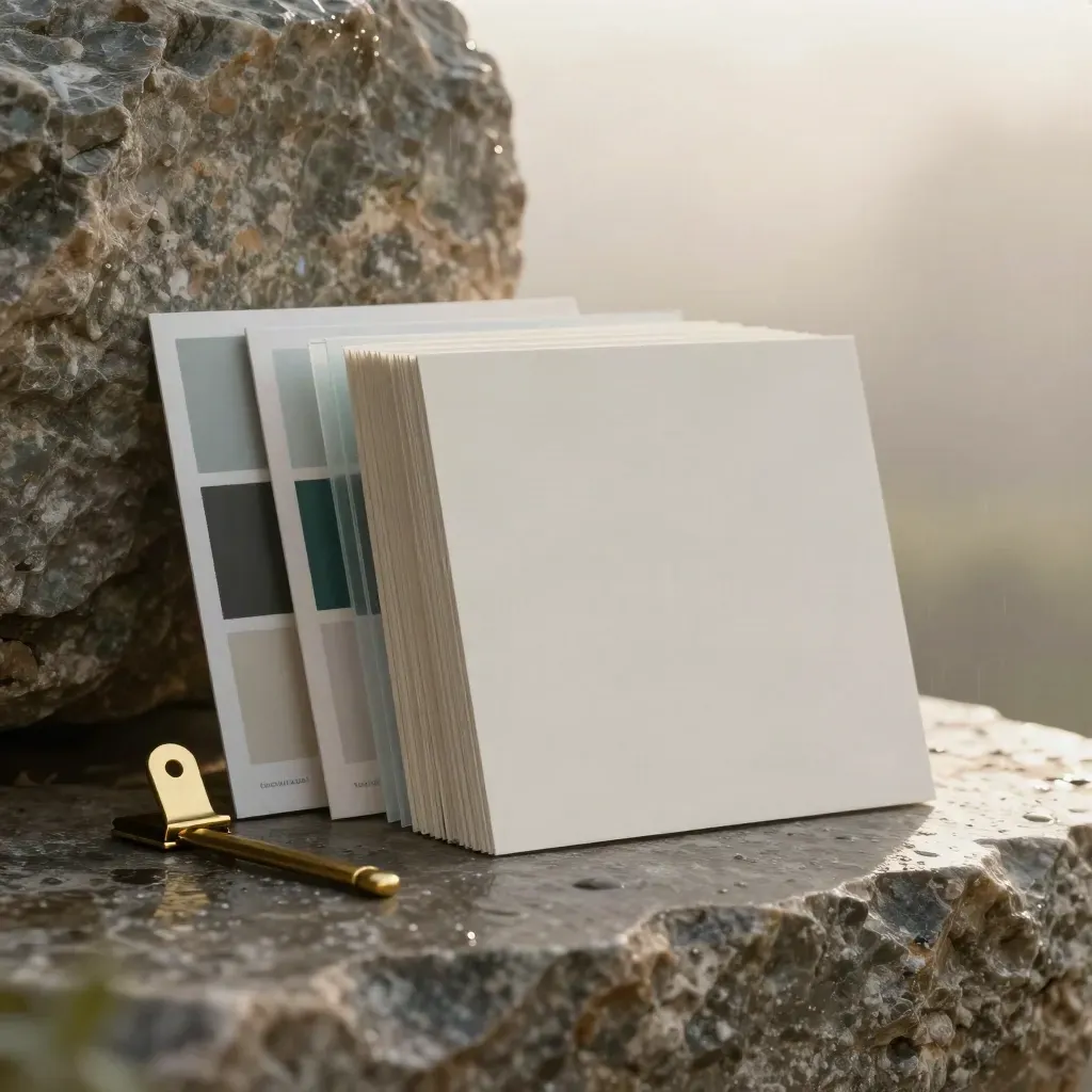Cream startup sprint card stack with wireframe boards, swatches and brass clip on wet limestone at dawn