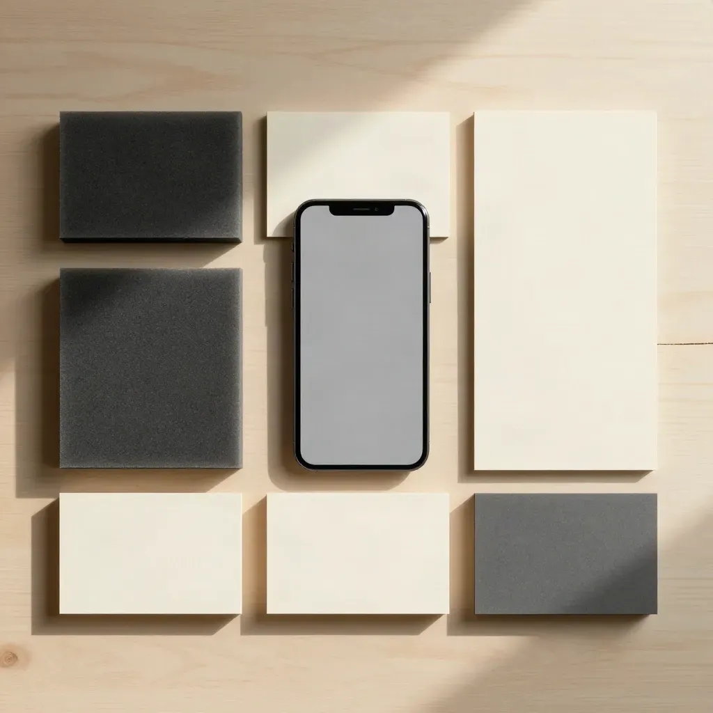 Flatlay of cream cards, charcoal foam blocks, and a folded phone mockup on pale birch
