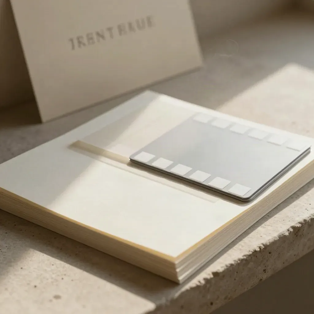 Cream UX/UI audit sheets and overlays on a stone ledge, softly lit and tactile