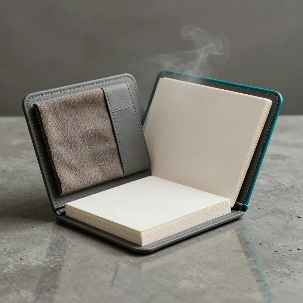Open strategy kit in charcoal case on concrete, with cards, swatch and insert in dramatic studio light.