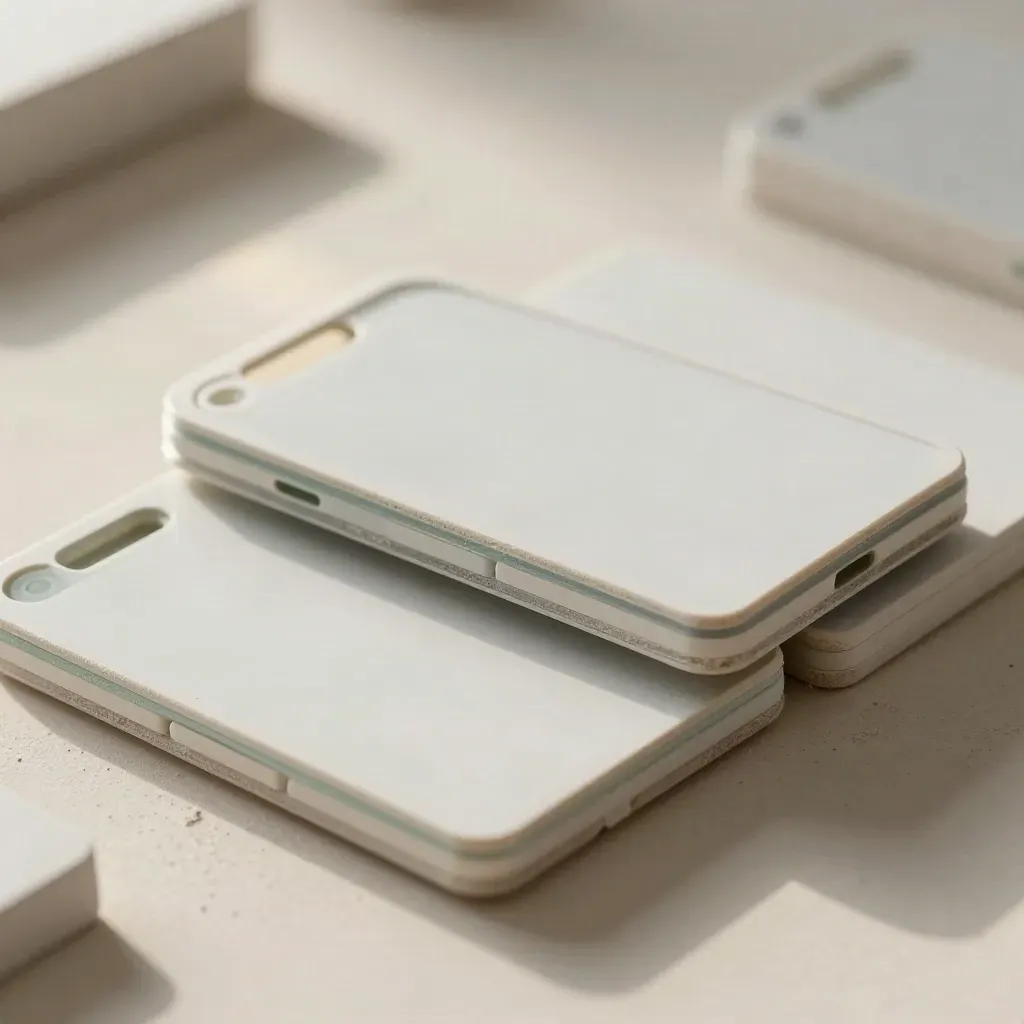 Foamcore prototype shells and blank screen tiles nested on raw plaster in soft macro light.