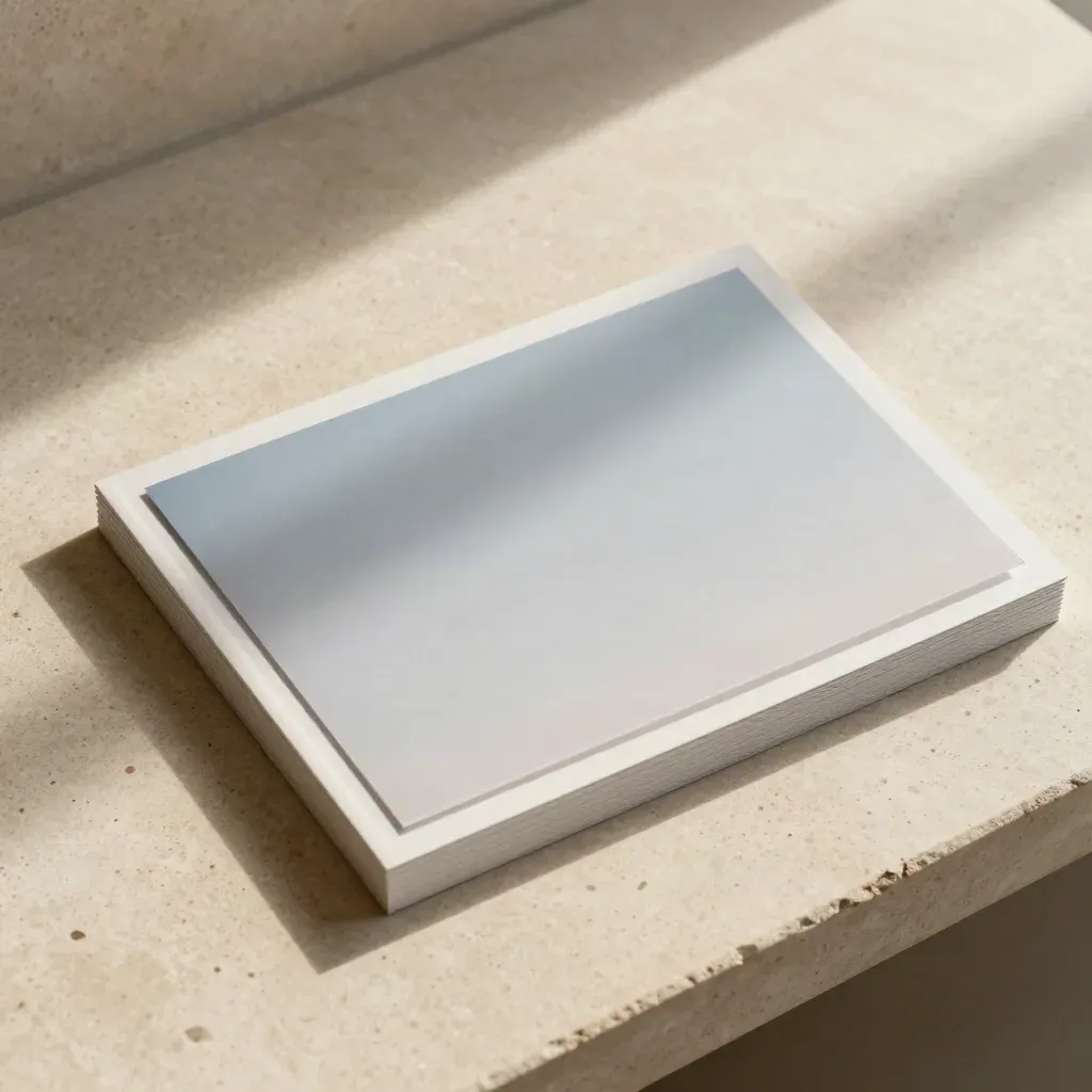 Overhead stack of pale presentation boards and translucent sheets on sand-coloured travertine.