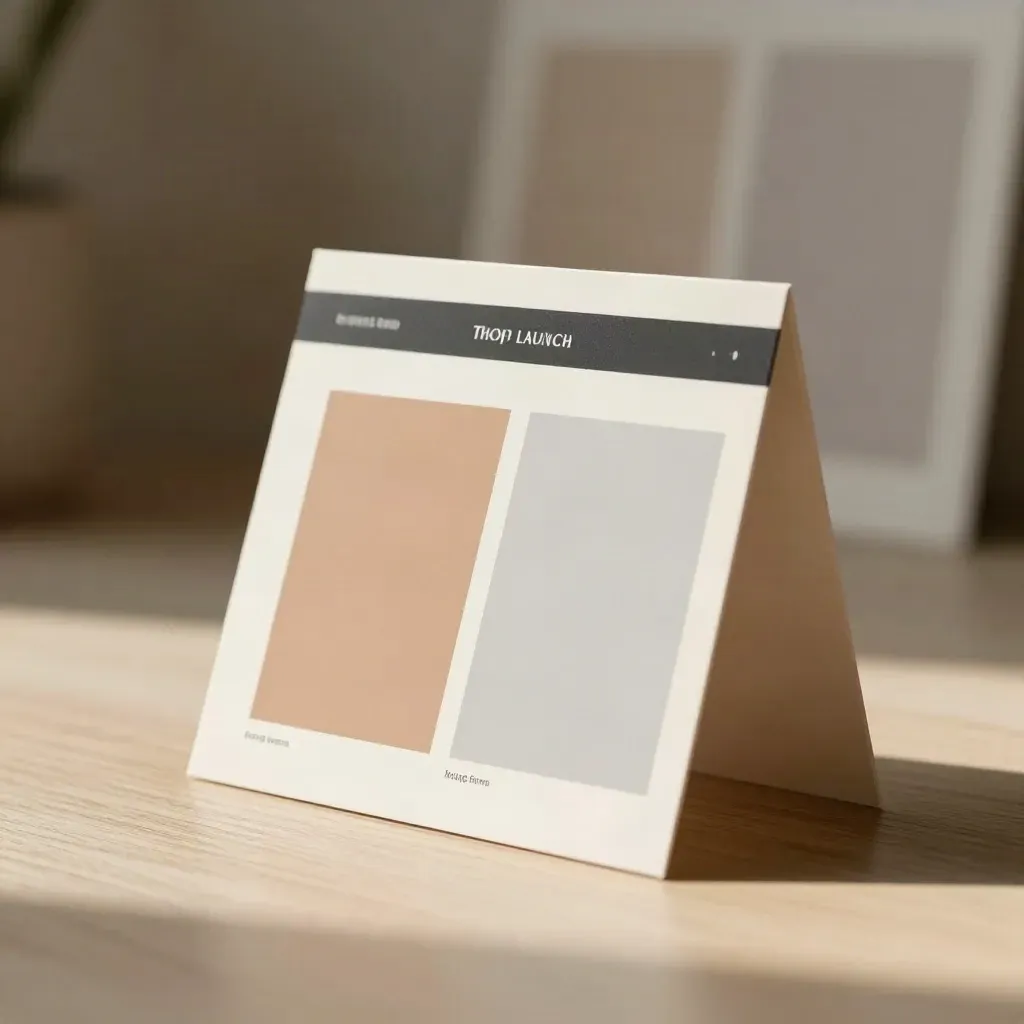 Neutral launch-page cards on pale oak with folded hero block and sample tiles