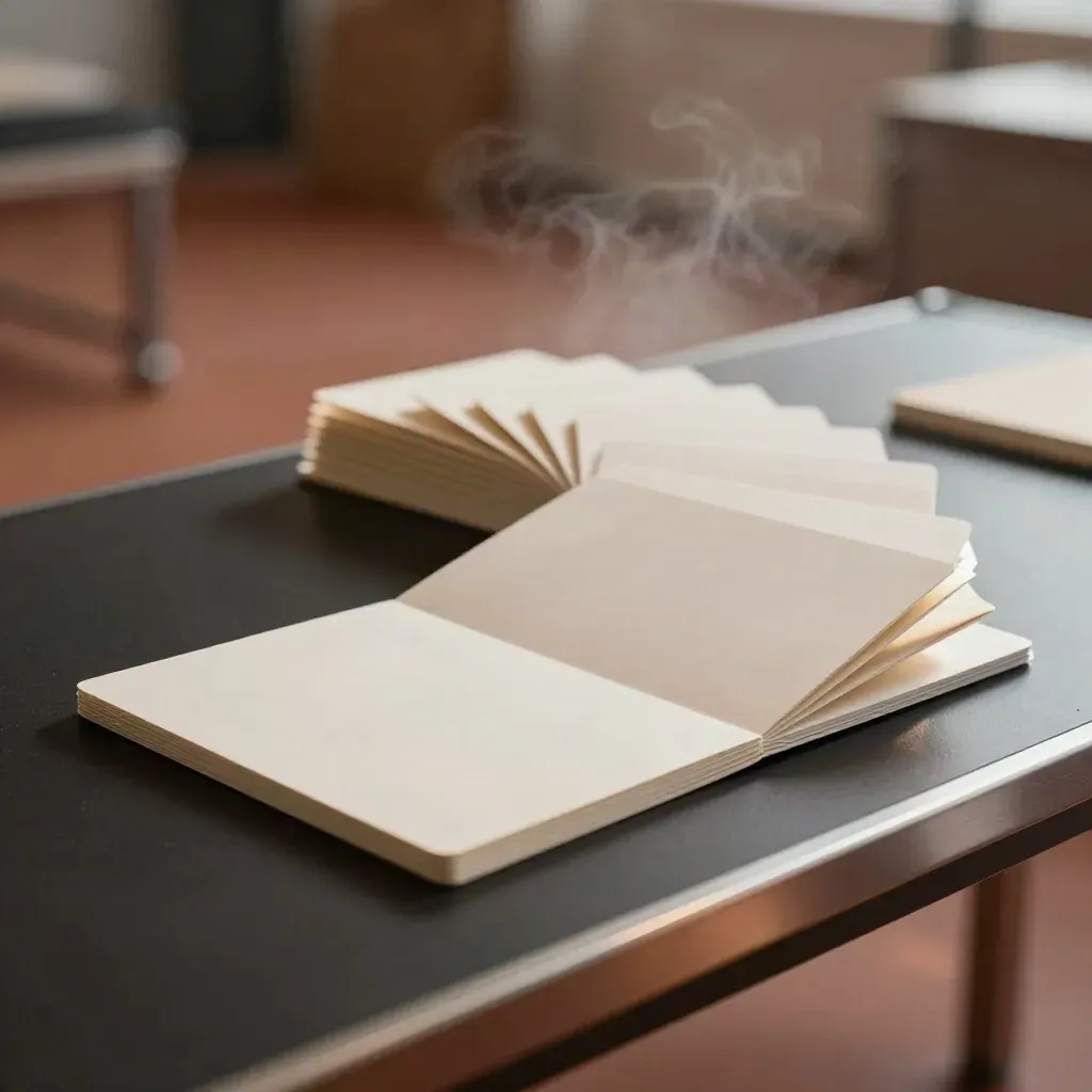 Go-to-market plan pack on brushed steel with arcing step cards, clip, and folded swatch in misty light.