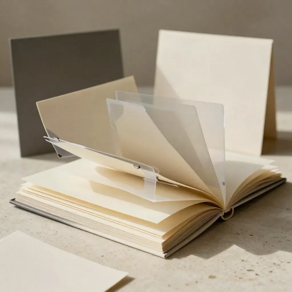 Open cream brand audit booklet with tabs and swatch on travertine under soft studio light.