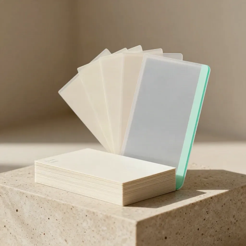 Cream launch cards, translucent sleeves, and mint edge strip on travertine.