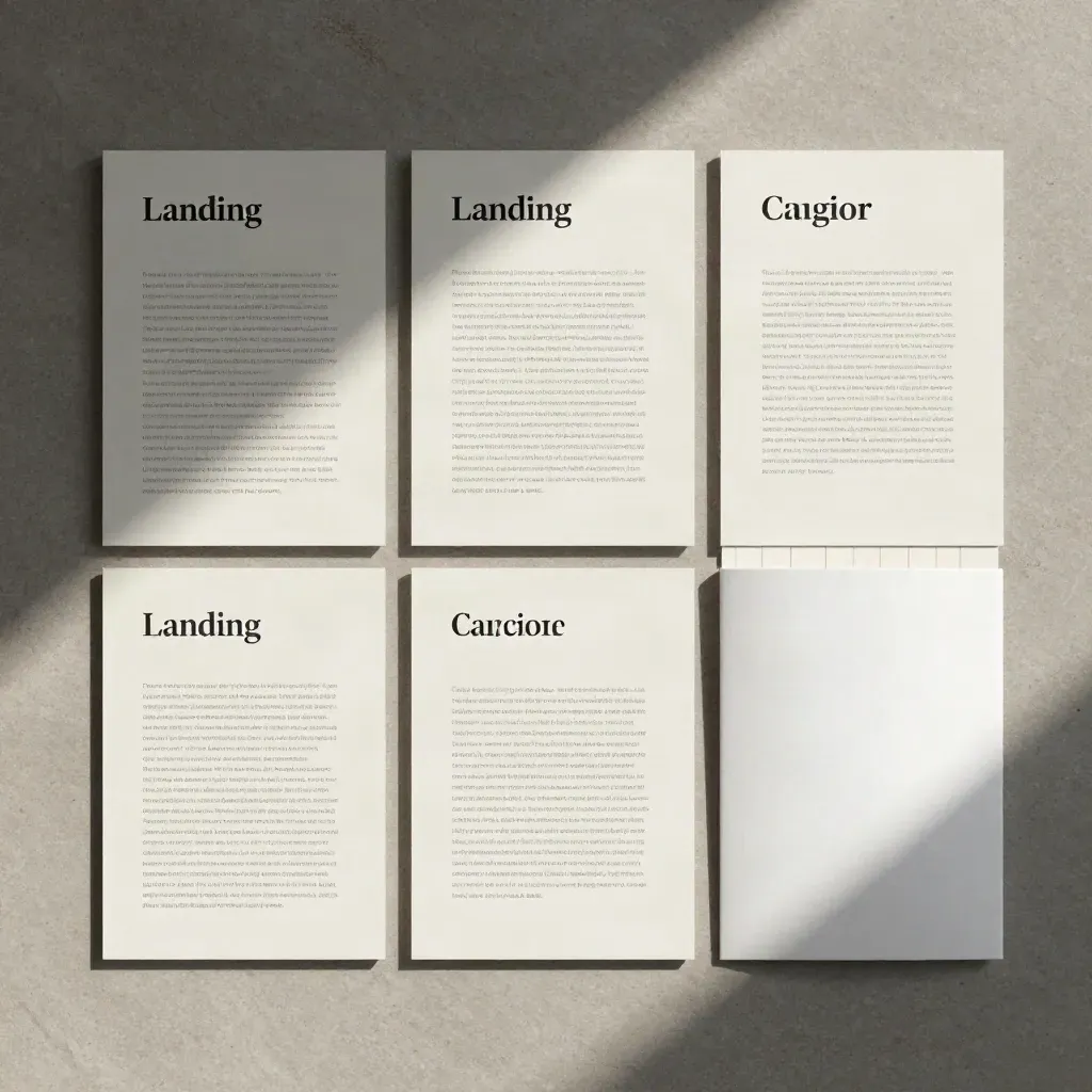 Overhead flatlay of pale landing-page copy sheets sliding from a sleeve on matte stone