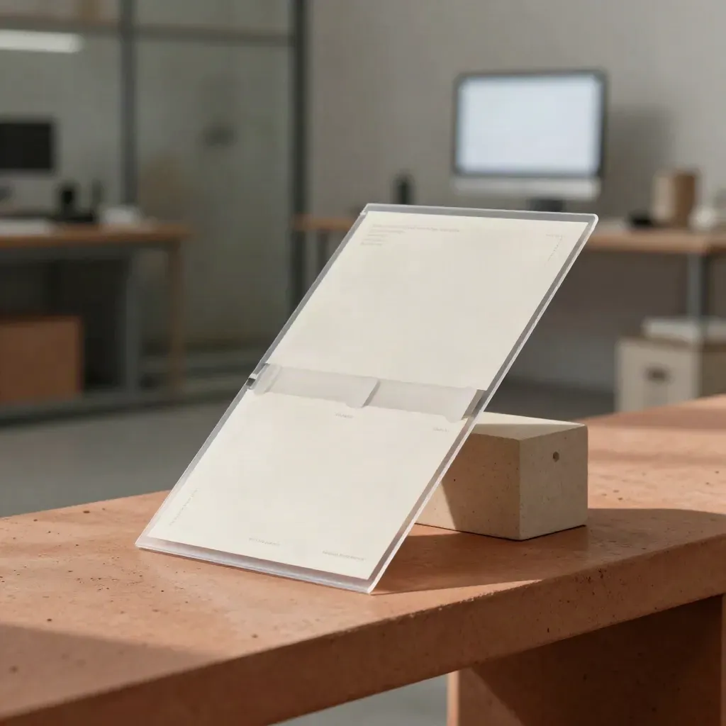 Translucent prototype deck with fanned screen tiles on a terracotta studio bench.