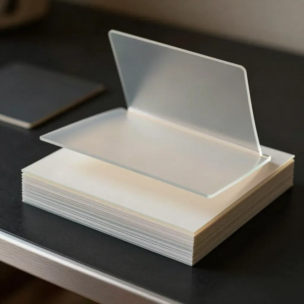 Dark studio pitch deck stack with translucent dividers and a pale cover board opening at one corner.