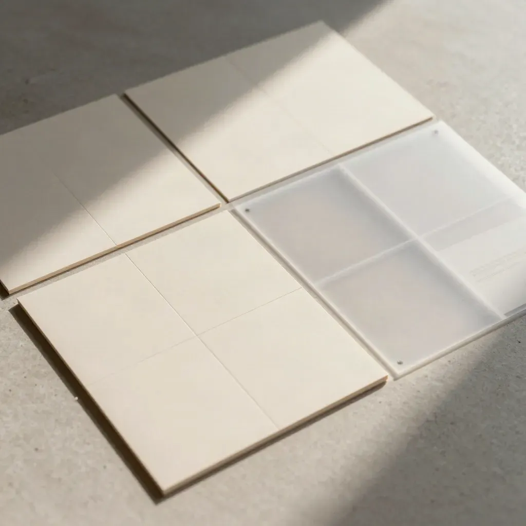 Overhead macro of modular paper tiles, blank banner strip and sample sleeve on pale birch.