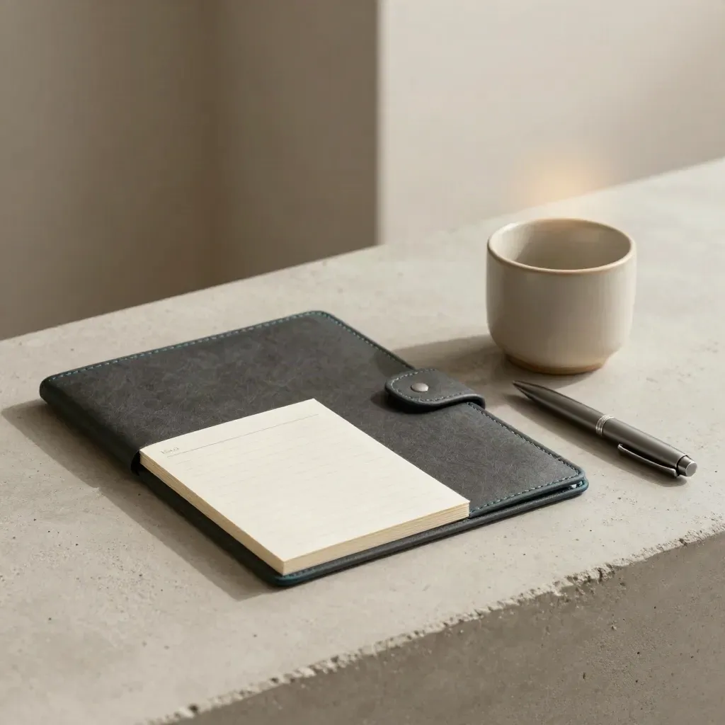 Half-open briefing folio, card, cup ring, and pen on pale concrete