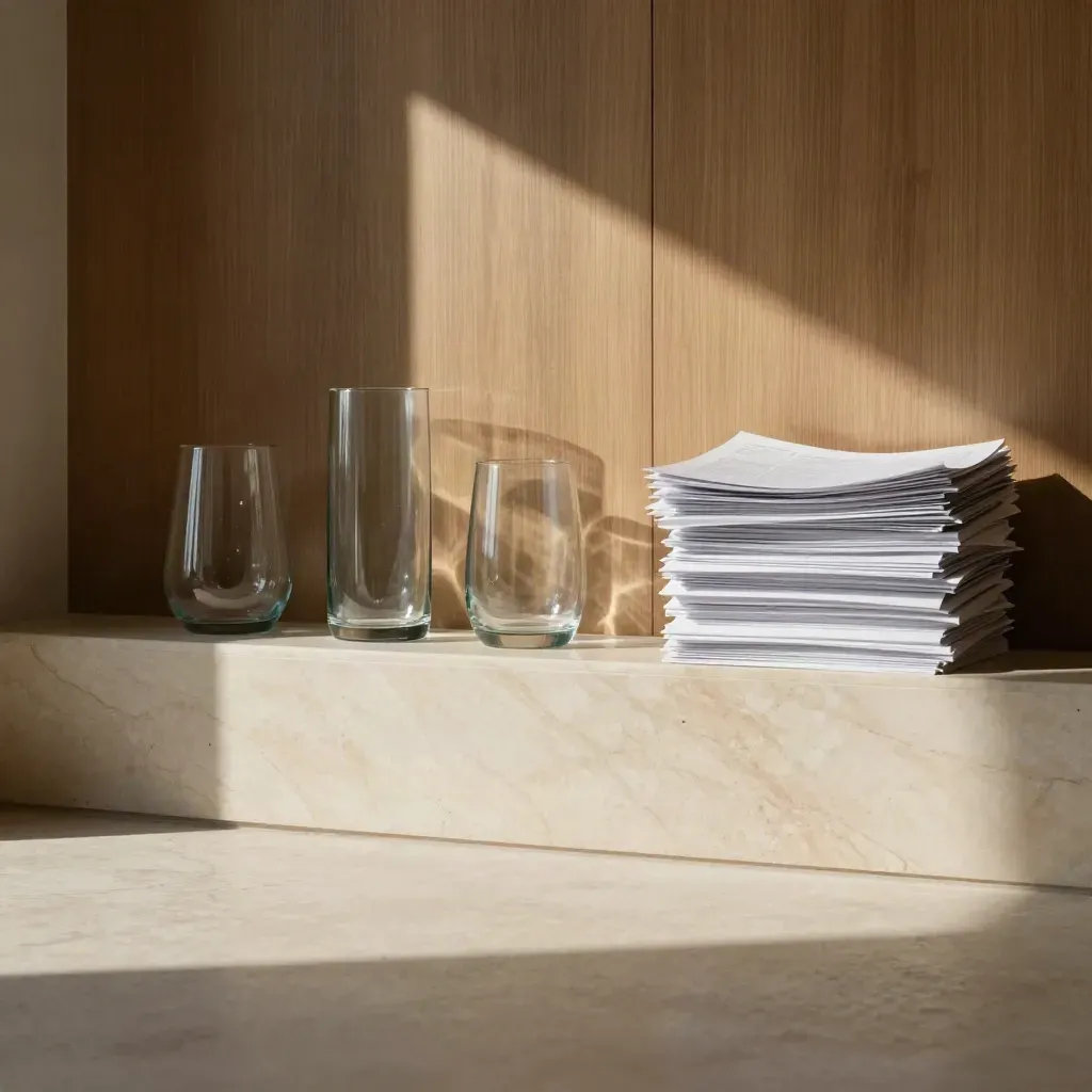 Sunlit atelier wall with marble plinth, glass vessels, and paper maquettes above calm copy space.