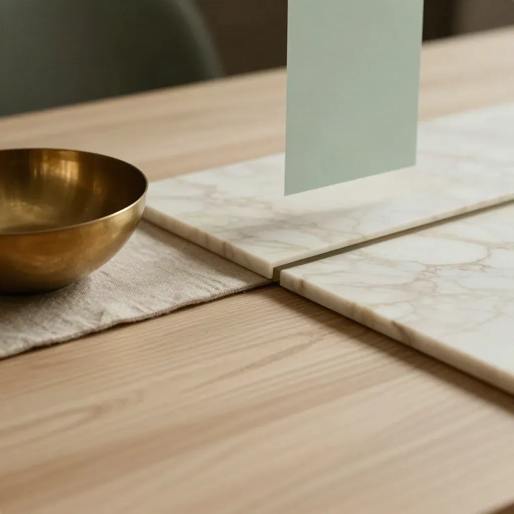 Pale oak and veined marble tabletop with linen, brass bowl, and paper swatch in soft light.